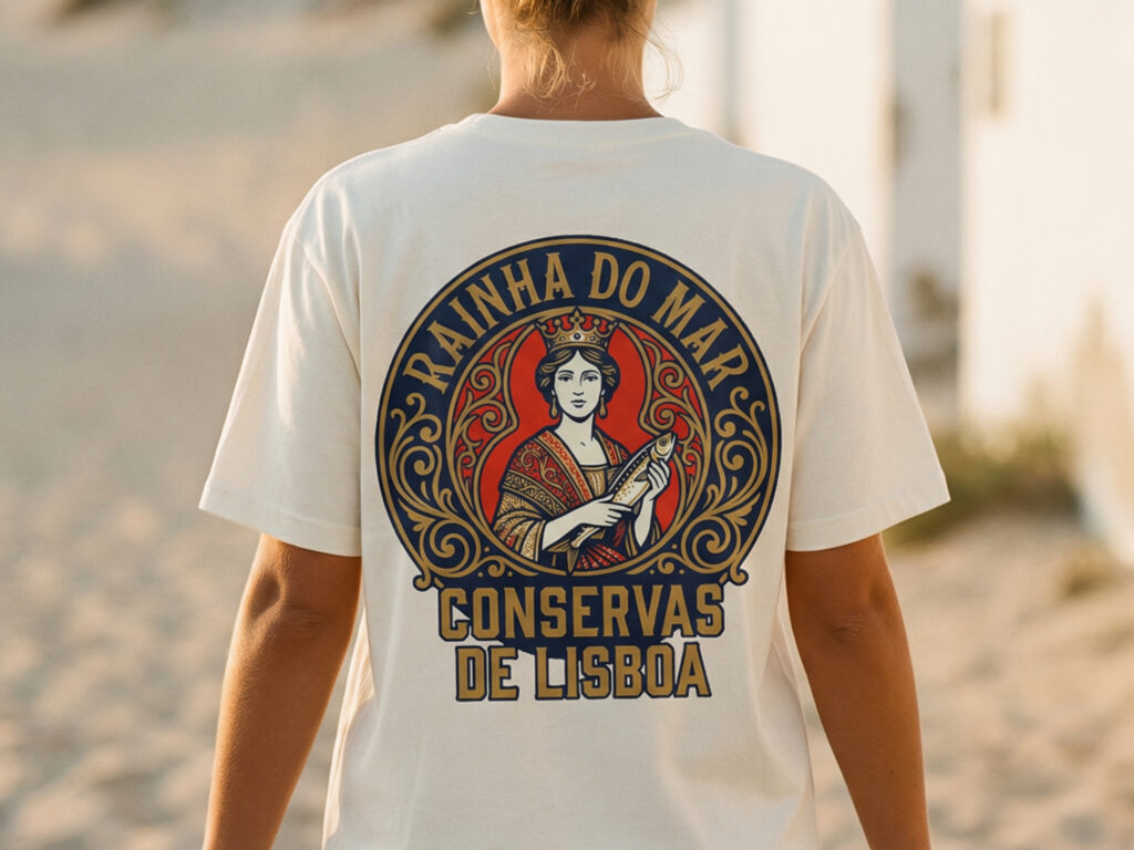 Woman wearing Sardinecore aesthetic clothing on beach boardwalk showcasing the Tinned Fish Graphic Tee trend in 2026.