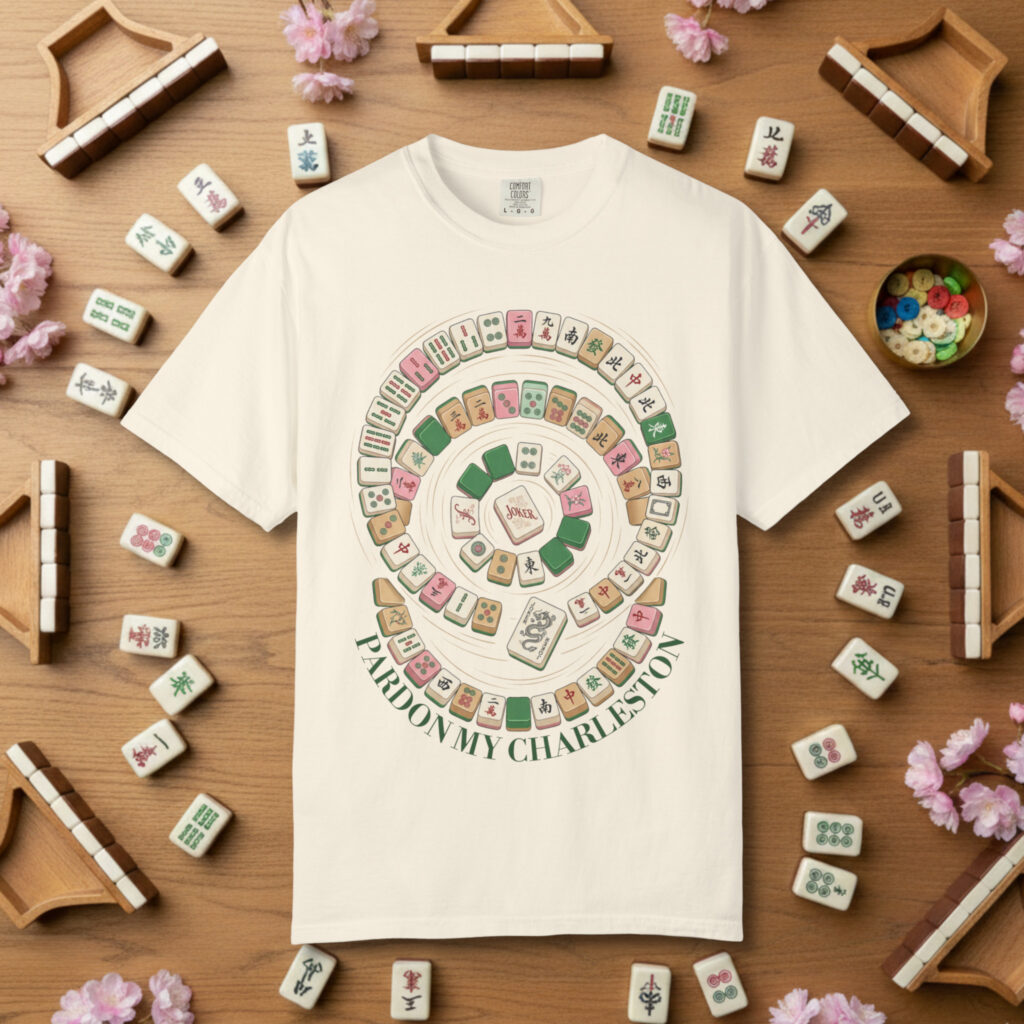 American mahjong gift tee close-up showing authentic tile artwork
