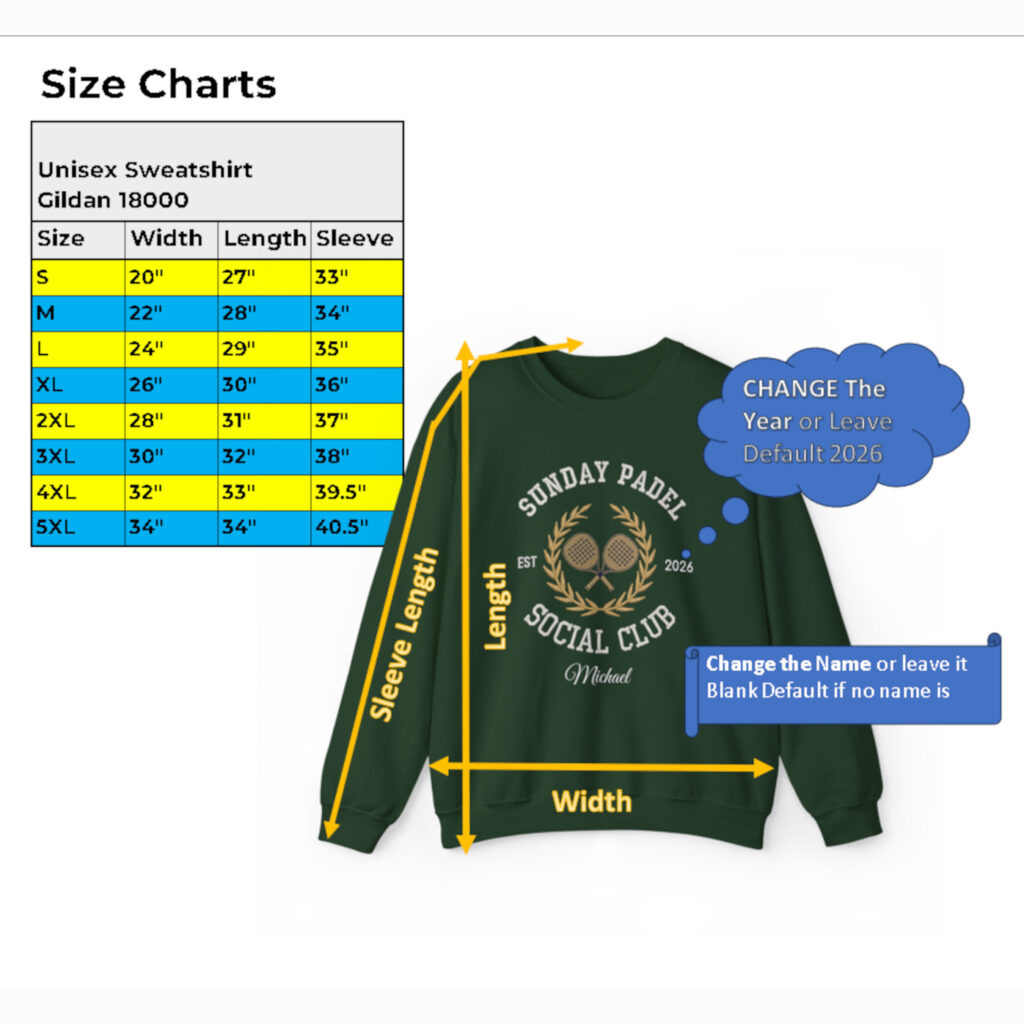 Padel Sweatshirt personlize size charts