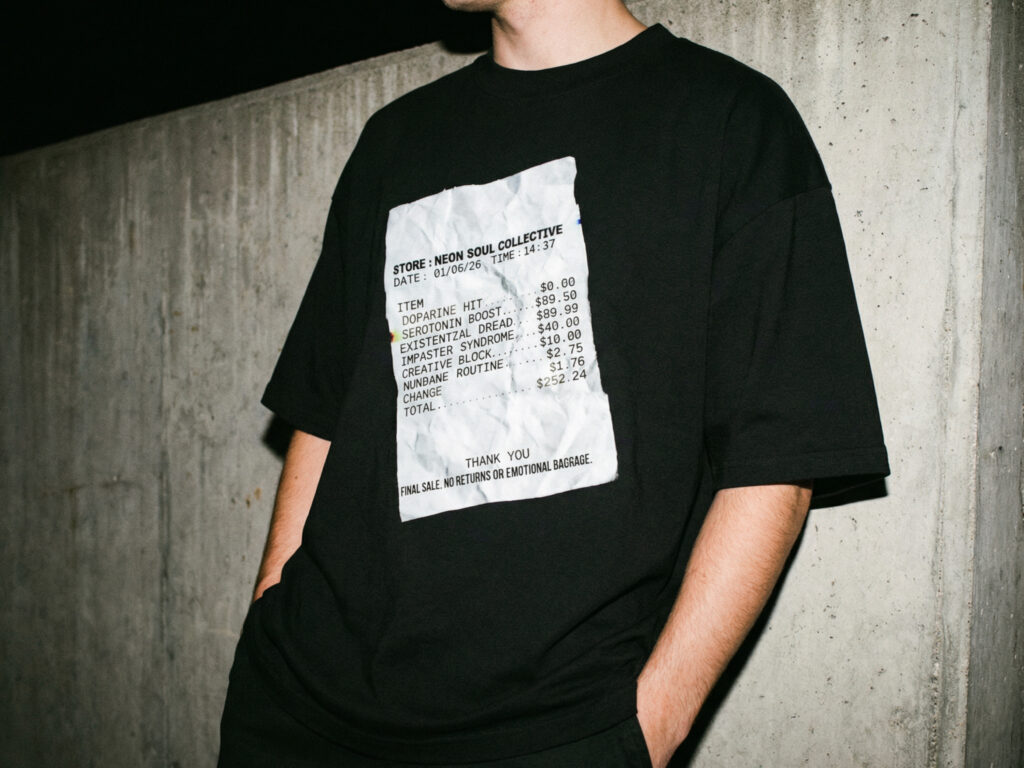 Anxiety graphic streetwear outfit dark humor mental health shirt styled.