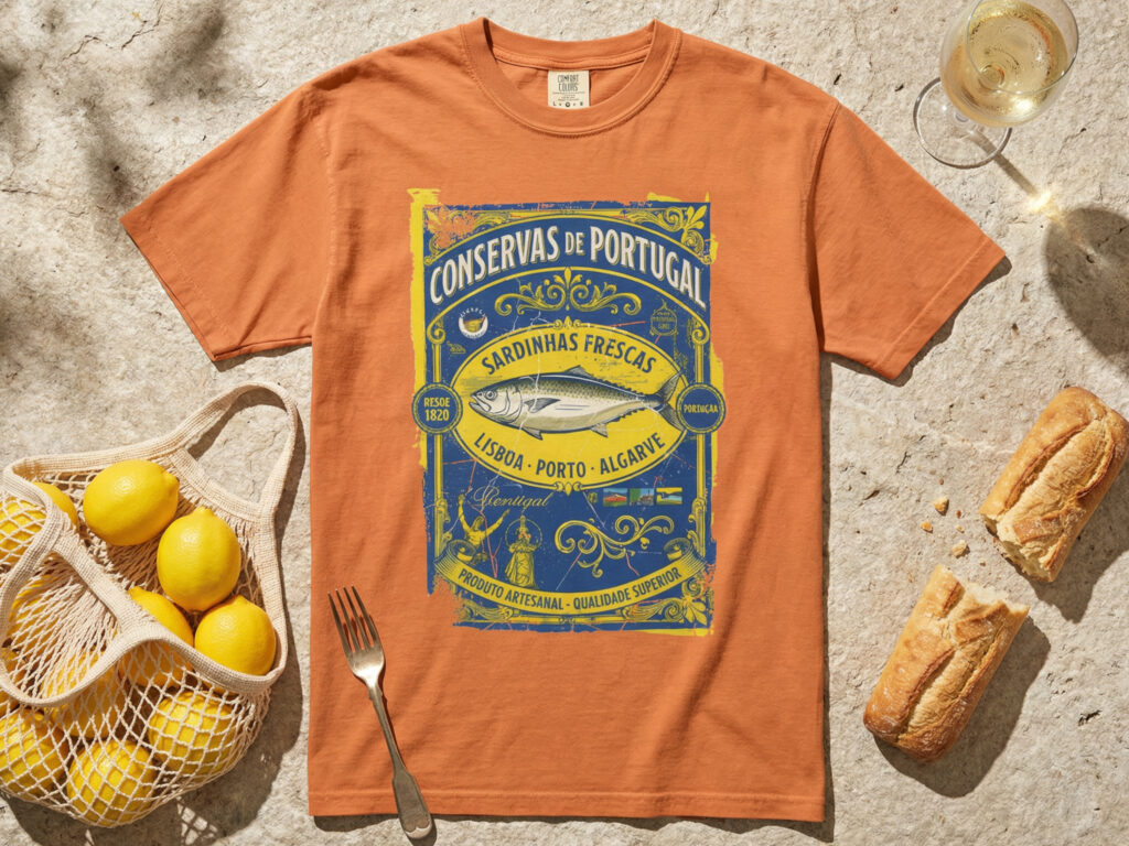 Close up of retro tinned fish front print showing matte DTF texture and halftone details on a yam flatlay tee.