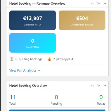 Hotel booking WordPress plugin dashboard showing room availability calendar