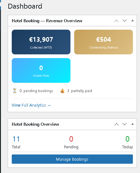 Hotel booking WordPress plugin dashboard showing room availability calendar