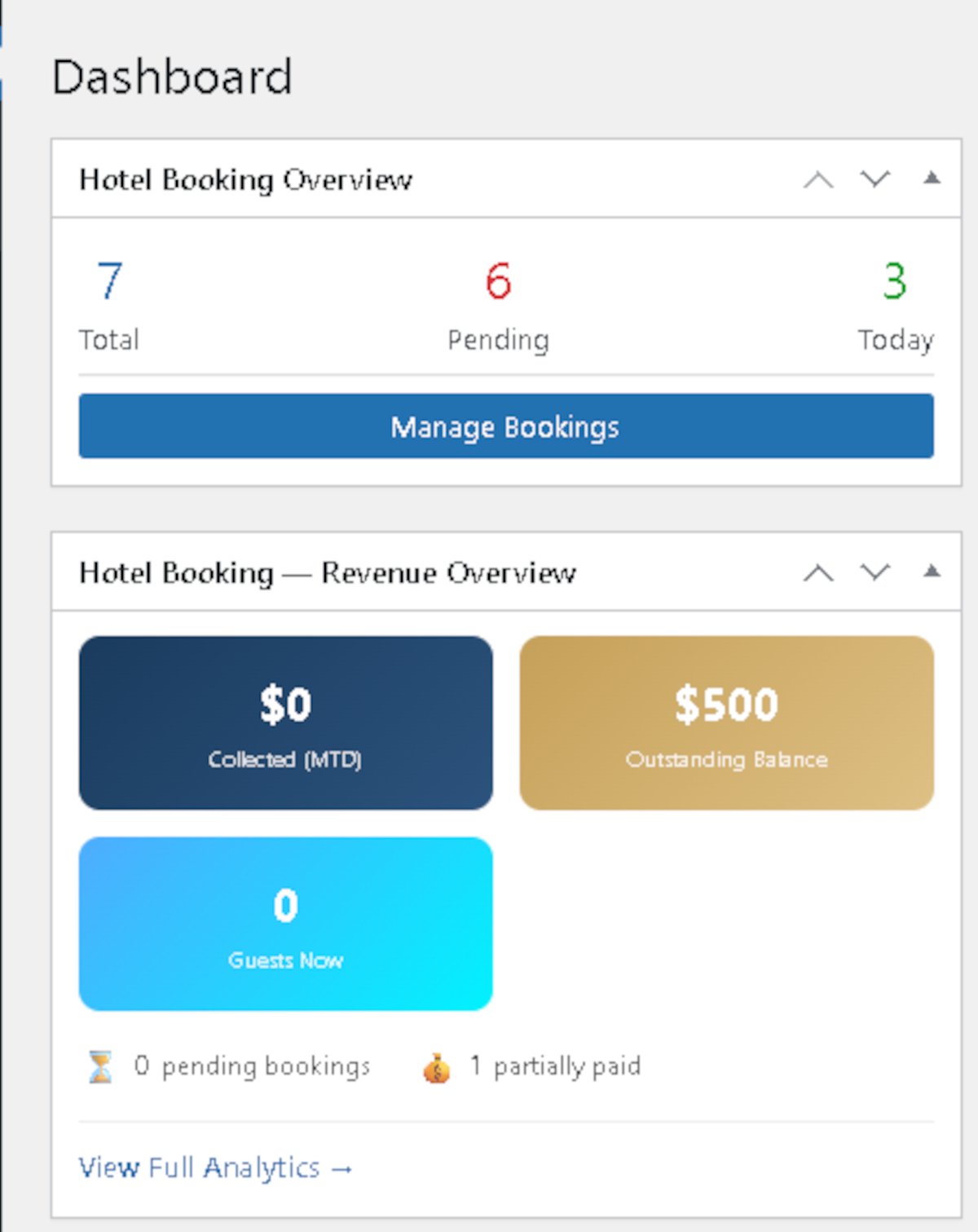 Hotel booking WordPress plugin admin dashboard showing room management, revenue analytics, and booking overview