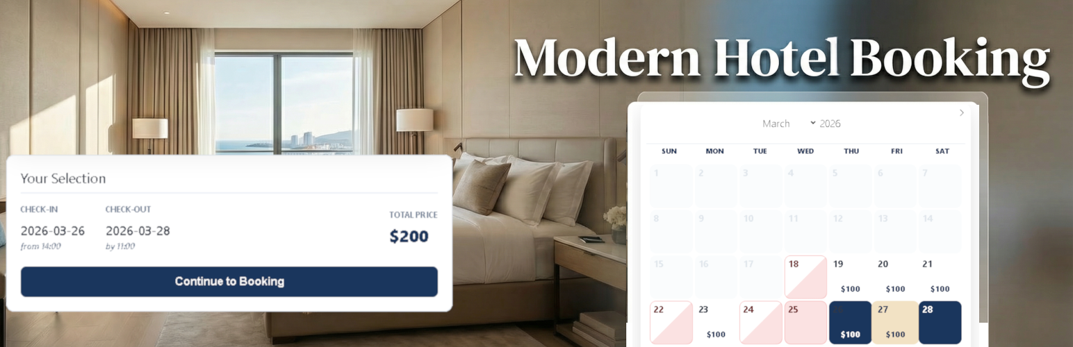 Hotel booking WordPress plugin showing the Modern Hotel Booking reservation form and admin dashboard